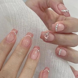 French Gradient Press on Nails Medium Love Heart Diamond False Nails Square Nails Artificial Acrylic Nails Rhinestones Design Nude Fake Nails Full Cover Reusable Coffin Nails Glue on Nails for Women