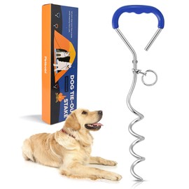 Petbobi Dog Tie Out Stake - 16″ Heavy Duty Dog Anchor for Yard Camping, 9mm Solid Steel, Soft Grip Handle Spiral Stake with No Tangle Connect Ring for Small to Large Pets Up to 120lbs, Blue/1pc
