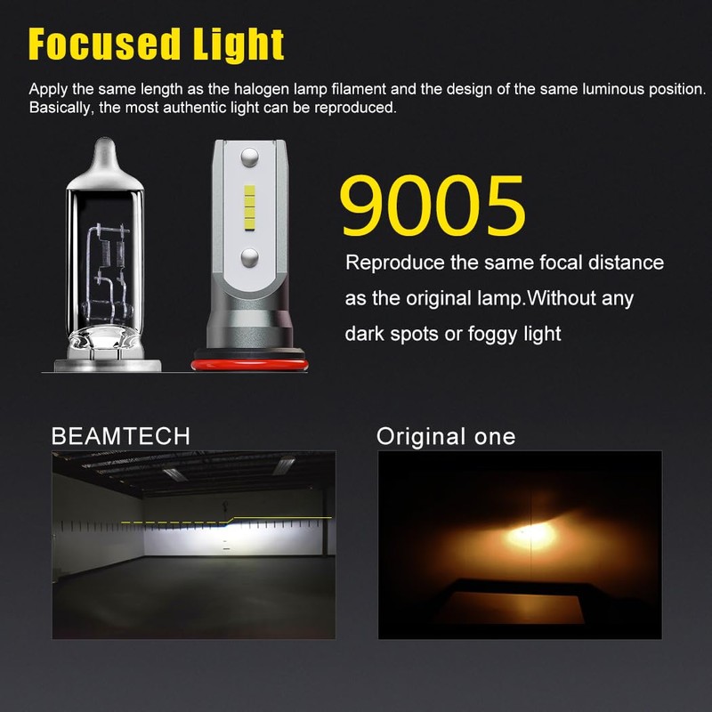 BEAMTECH 9005/HB3 Bulbs, S1 Series Fanless Fog Light 300% Brighter