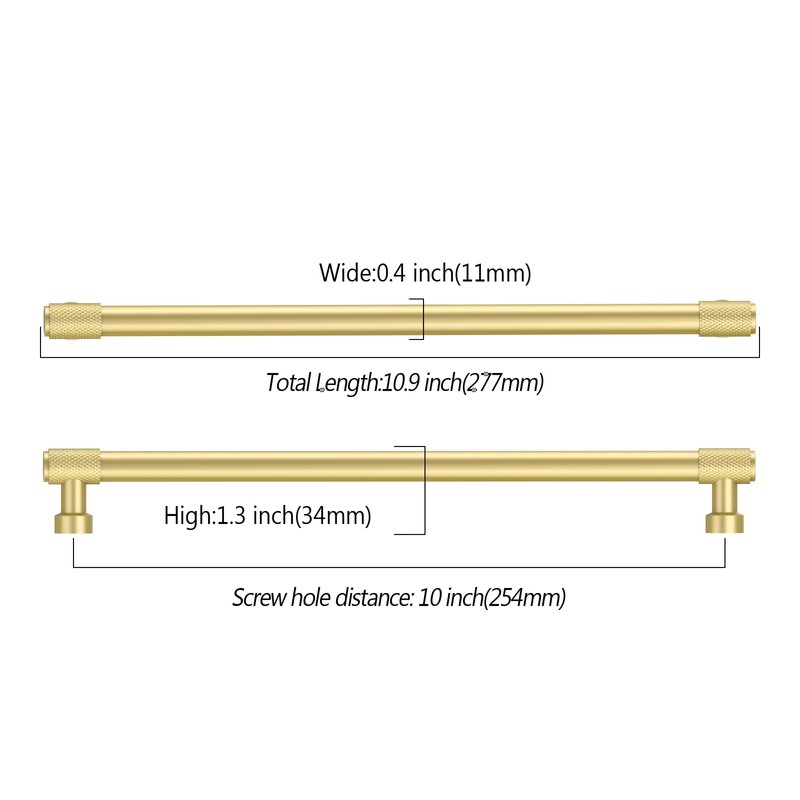 Amerdeco 10 Pack Brushed Gold Knurled Cabinet Pulls 10 Inch(254mm)