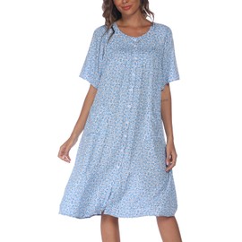 COSUNIONY House Dresses for Women Cotton Short Sleeve House Coat Buttons Down Dusters Robe with Pockets (Blue Flower, Medium…