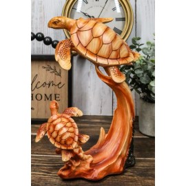 Ebros Mother and Baby Sea Turtle Decor Statue 9" Tall Faux Wood Resin Figurine