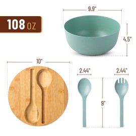 BAMBOO LAND- Large Salad Bowl with Wooden Lid, 10 Inch, Mint Green, Bamboo Fiber Salad Bowl with Serving Utensils, Salad Bowl Large Salad Bowl with Lid, Big Salad Bowls Large Serving Bowls with Lids