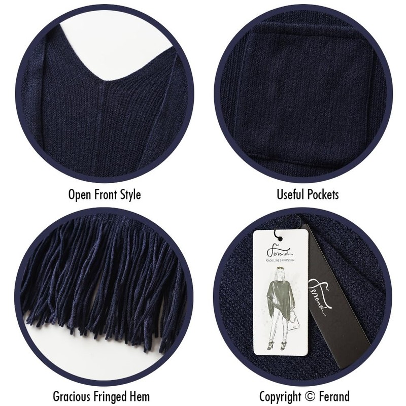 Ferand Women's Poncho with Open Front and Pockets, Soft Knitted