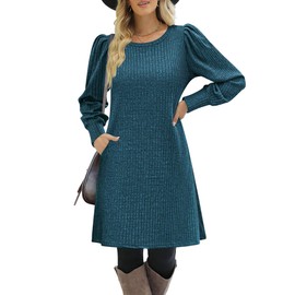 Zeagoo Winter Dresses for Women 2025 Plus Size Fall Dresses with Pockets Long Sleeve Church Dress, Blue Green XXL