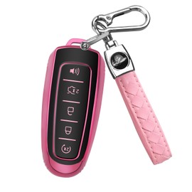QBUC for Ford Key fob Cover,Soft TPU Car Key Case Protector with Keychain Compatible with Ford C-Max Edge Escape Expedition Explorer Flex Focus Taurus Lincoln MKS MKT MKX Navigator Accessories (Pink)
