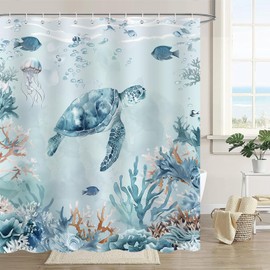 Emwnodti Sea Turtle Shower Curtain, Teal Blue Ocean Themed Beach Coastal Fish Bathroom Curtain Decor, Watercolour Polyester Waterproof Bath Curtian Accessory Set with 12 Hooks 72x72 inch