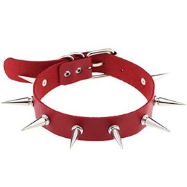 Punk Leather Long Rivets Choker Necklace PU Rock Gothic Spikes Adjustable Neck for Unisex - Color: Red