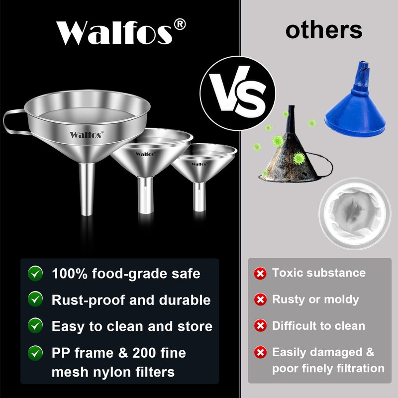 Stainless Steel Funnel, Walfos 3 Different Sizes of Kitchen funnels