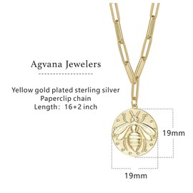 Agvana 14K Gold-Plated Women's Bee Chain, 925 Sterling Silver Round Plate Necklace Pendant Coin Chain, Simple Stylish Delicate Jewellery Gifts for Women, 16 + 2 Inches, Yellow Gold