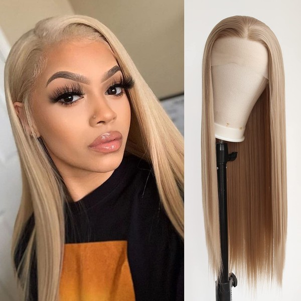 Towarm Honey Blonde Light Brown Wig Long Straight Honey Brown Synthetic Lace Front Wigs Pre Plucked Natural Hairline with Baby Hair for Black Women Hand Tied Cosplay Daily Wear Wig (Honey Blonde)