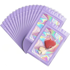 ANZNKU 100 Pcs Smell Proof Mylar Resealable Bags, Holographic Packaging Bags, Resealable Odor Foil Pouch Zip Bag with Clear Window for Food Storage and Lipgloss, Jewelry Lash (Purple, 5.5 x 7.9 Inch)