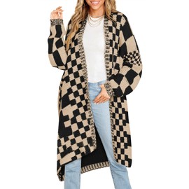 Saodimallsu Womens Checkered Long Cardigans Chunky Oversized Open Front Batwing Sleeve Color Block Knit Sweater Coats Apricot