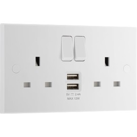 BG Electrical Double Switched Power Socket with Two Type A USB Charging Ports, 13 Amp, 12 Watts, White Moulded, Square Edge
