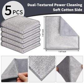 PIPUHA 5 Pack Dual-Sided Dish Scrubber, Towel & Steel Scrub Cloth for Pans, Dishes, Countertops, Reusable Non-Scratch Cleaning Pad for Kitchen Sink