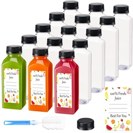 BOOMIBOO Juice Bottles with Caps 15Pcs 12oz, Plastic Bottles with Caps, Clear Reusable Water Bottle, Used for Juicing Bottles, Smoothie Bottle, Juice Containers - with 15Pcs Labels & Bottle Brush