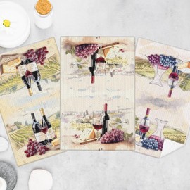 GOOZHO French Country Wine Kitchen Towels, Gifts for Wine Lovers Dish Tea Towels for Kitchen Bar Cart Decor, Farmhouse Vintage Grape Cheese Decorative Hand Towel, 16x24 Inches Set of 3