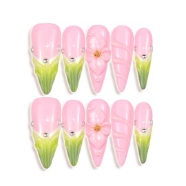 LIFOOST Nails Handmade Press On Long Stiletto Almond Artistic Petal Pink Green Fashion Artificial False Nail Tips 10 Pcs Set
