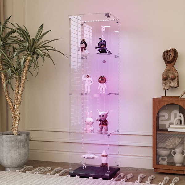 Goujxcy Glass Display Cabinet with Smart LED Light Strip, 4-Shelf
