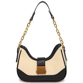 RTGGSEL Women's Contrast Color Plaid Striped Saddle Crossbody Shoulder Underarm Satchel Handbag Tote Clutch Purse Hobo Bag (Chain White & Black)