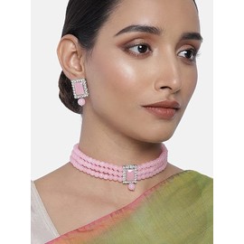 I Jewels Girls 18K Rhodium Plated Indian Wedding Bollywood Handcrafted Stone Beaded Choker Necklace Set (Ml237Zpi) Pink