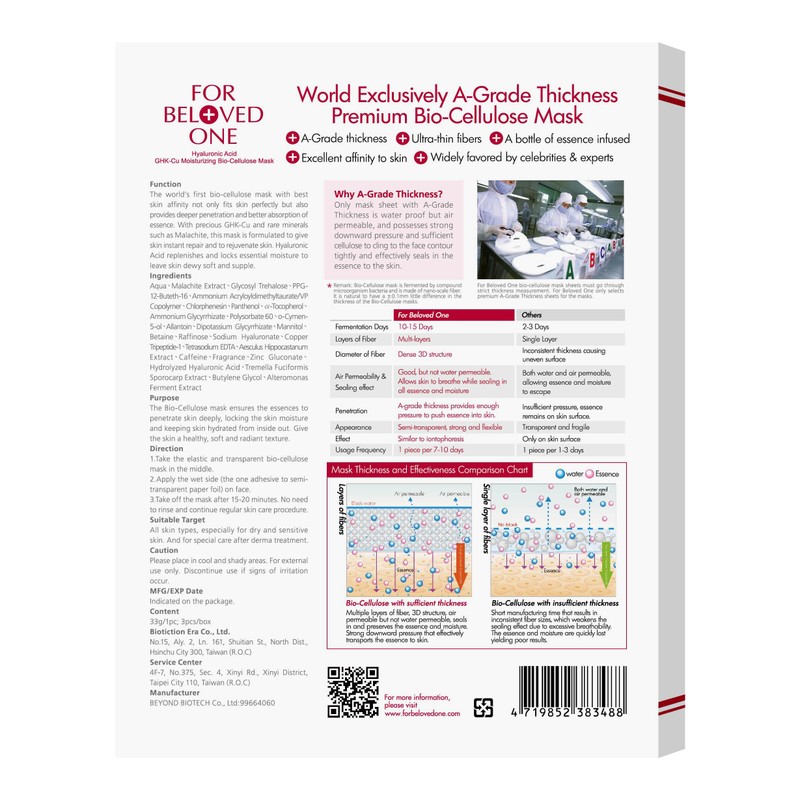 For Beloved One Hyaluronic Acid Moisturizing Bio-Cellulose Facial Mask (Pack