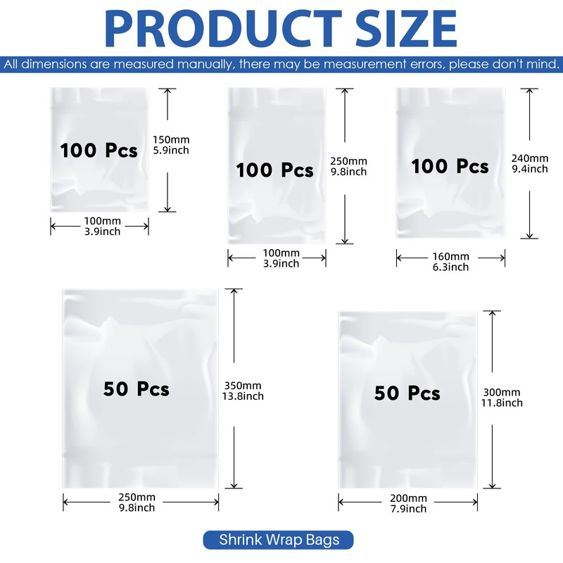 Glarks 400Pcs Shrink Wrap Bags, 5 Sizes PVC Clear Heat