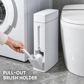 4.5L Slim Bathroom Trash Can with Concealed Toilet Brush, Narrow Space-Saving White Waste Bin with Lid