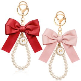 Neptniopllab Bow Pearl Keychain Bow Charms Purse Bag Charms for Girls Women Handbag Car Key Ring,Pink Red-2Pcs
