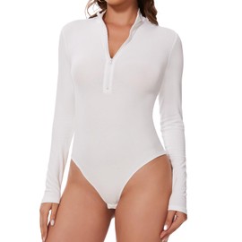 Joyshaper Women's Bodysuit, Long Sleeve Elegant Bodysuit, Stand-Up Collar Top, Blouse, Long Sleeve Bodysuit, Long Sleeve Overalls,, White/With Zipper