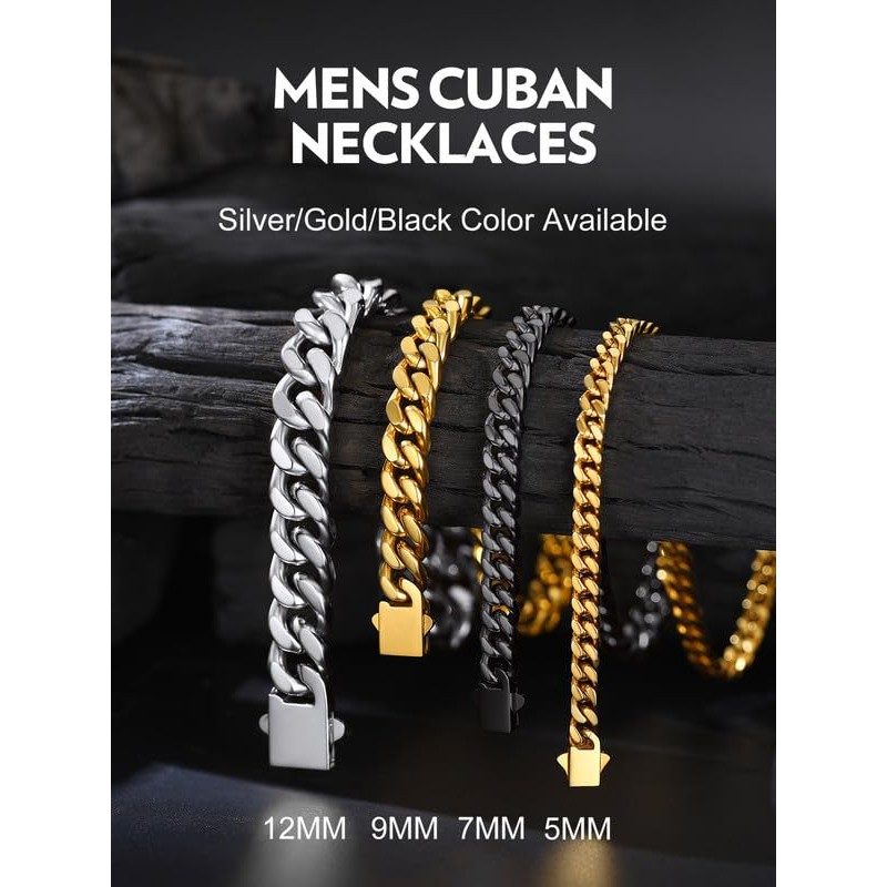 Bandmax Mens 9MM Chunky Chain Necklace 24 Inches Black Miami