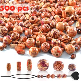 Pack of 500 Wooden Beads with 6 Sizes, Mixed Patterns & Different Shapes, Wooden Beads Balls for Crafts, Threading, DIY Jewellery, Crafts