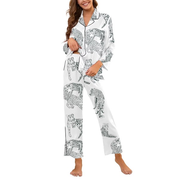 Brosloth Womens Silk Pajamas Long Sleeve Button Down Animal Print