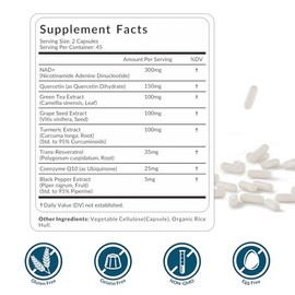 Suplemento de resveratrol NAD+, suplemento NAD con COQ10, quercetina, cúrcuma | Sin gluten, sin OMG