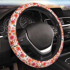 MAGIFUN Pink Floral Steering Wheel Cover Anti-Slip Steering Wheel Accessories Hippie Floral Flower Universal Car Accessories15 inch Steering Wheel Covers Fit Auto SUV Sedan Vans Trucks