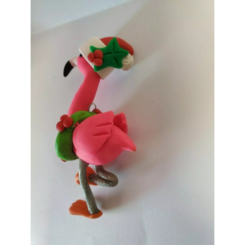 Celtic Forest Clay FLAMINGO Christmas Ornament WEARING SANTA HAT &
