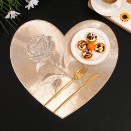 Hosoncovy Rose Heart Placemats Set of 4 Table Mats Set Washable PVC Non-Slip Heat Resistant Table Place Mats Dinner Mats Meal Mat for Kitchen and Dining Room for Wedding (Gold)