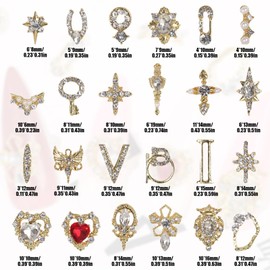 3D Nail Charms, 24 Pcs Shiny Nail Rhinestones Gems Heart Cross Nail Art Charms Gold Metal Nail Jewelry Luxury Crystal Nail Art Decoration for Nail Design DIY Crafts (Gold)