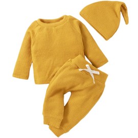 PATPAT 3pcs Newborn Baby Clothes Long Sleeve Ribbed Top Pants and Matching Hat Set Fall Winter Outfit Birthday Gift Ginger 18-24 Months