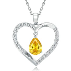 925 Sterling Sliver November Birthstone Necklace Created Citrine Necklace Heart Jewelry Gifts for Women Her, 16"+2" Adjustable Chain