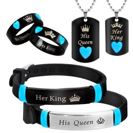 WEIZHUANG 6/Pcs Set Glowing Heart His Queen Her King Stainless Steel Matching Couple Necklaces,Bracelets and Rings, Fashion Love Gift, Romantic Accessories (His Queen Her King)