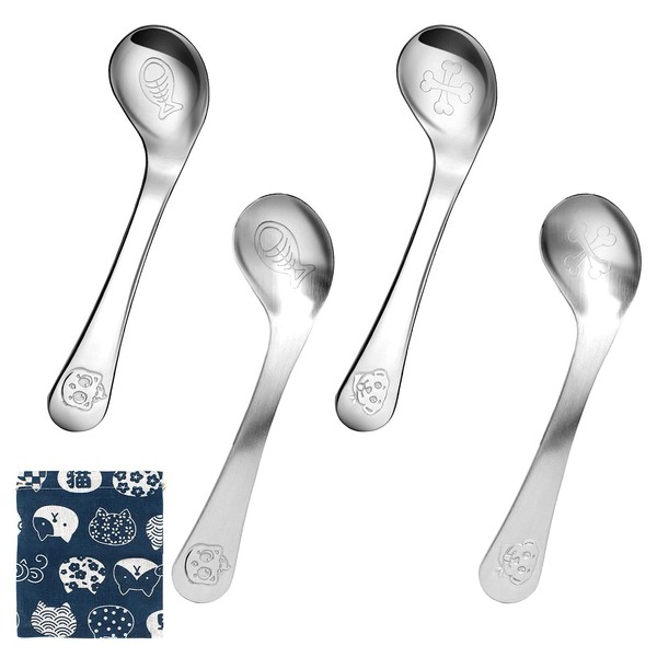 Chudian Futongda Set of 4 Stainless Steel Spoons for Children Baby, Curved Training Spoons, Dessert Spoons, Coffee Spoons, Small Serving Spoons, Feeding Spoons, Learning to Eat Spoons (Silver, 2