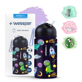 Wessper Children's Drinking Bottle with Straw, 410 ml, Stainless Steel, Leak-Proof, Feather-Light, 1-Click Closure, BPA-Free, for Nursery or School, Sports - Black with Space Motif
