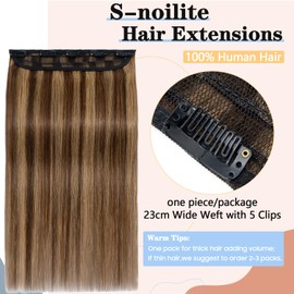 S-noilite Clip in Hair Extensions Human Hair Medium Brown/Dark Blonde - One Piece Hair Extensions Clip in Real Hair 20 Inch (50 g)