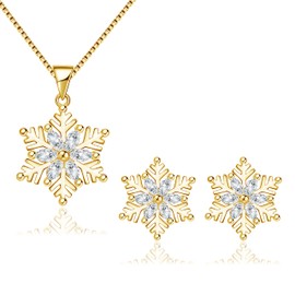 Deyanse Women's Silver Christmas Jewellery Set, 925 Sterling Silver Snowflake Necklace & Stud Earrings Set, 45 cm Silver Chain with Snowflake Pendant & Silver Snowflake Stud Earrings Set, Zirconia