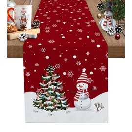 Winter Christmas Table Runner-72in,Snowman Xmas Tree White Snowflake Dresser Scarves Red Linen Tabletop Runners for Kitchen Dining Room Holiday Party Tables Decor