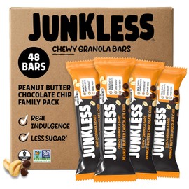 JUNKLESS Chewy Granola Bar 48 Bar Family Pack Peanut Butter Chocolate Chip – Less Sugar, Non‑GMO, Gluten‑Free, Wholesome Snack Bars for Kids & Adults, 8 Boxes