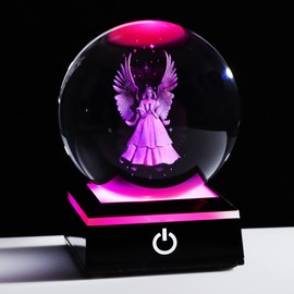 8CM Crystal 3D Guardian Angel Figurines Ball with LED Lamp Stand, Angel with Wings Glass Ornaments, Angel Gifts for Special People