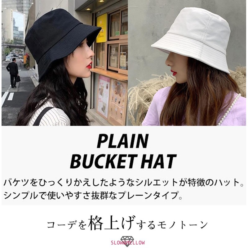 SLOW & MELLOW Bucket Hat, Unisex, Simple, Korean Style, Solid,