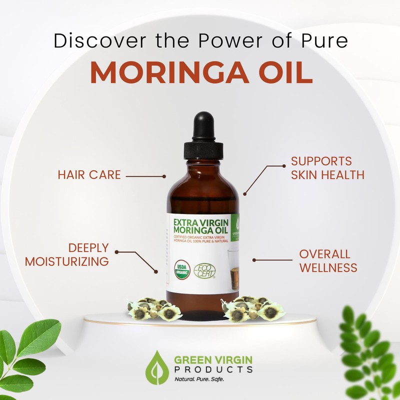Organic Moringa Oil, Cold Pressed, Extra Virgin, 100% Pure, Food